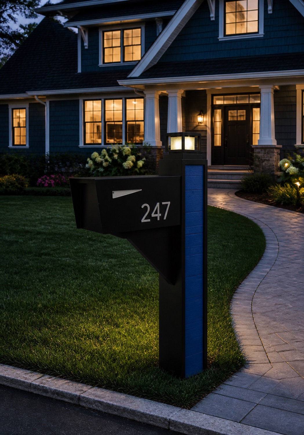 Modern Farmhouse mailbox in blue and black with illuminated lantern cap