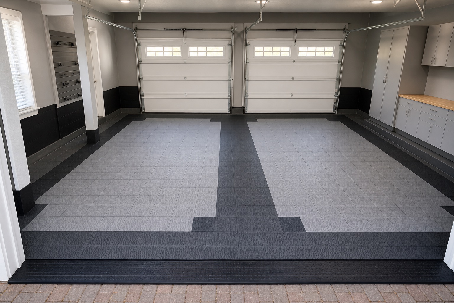 Perimeter frame modular garage floor shown in an installed garage setting