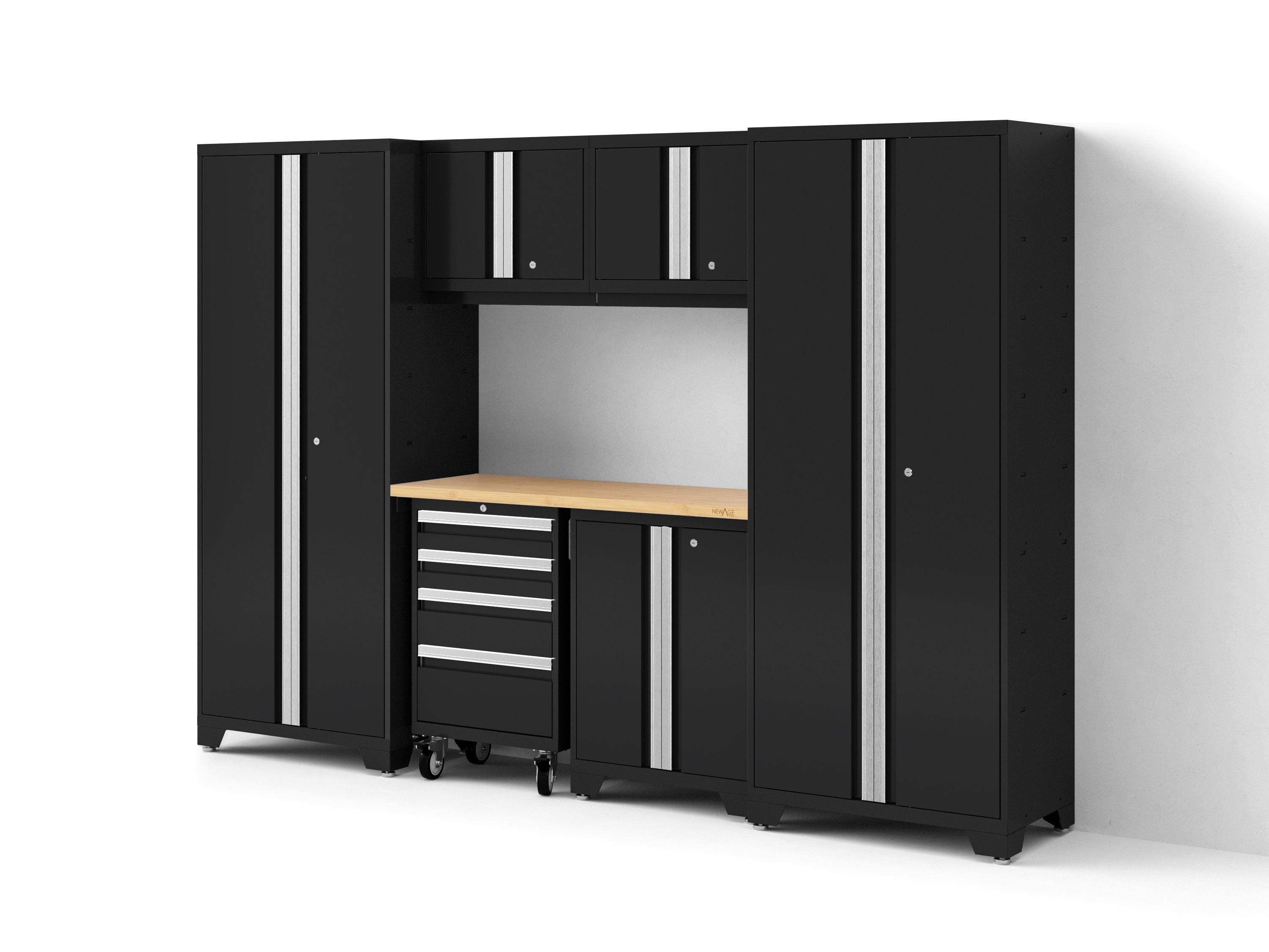 Everyday Storage System Project work zone cabinet direction in black frame / black doors, scaled to represent a 72 in. starting width in a garage setting