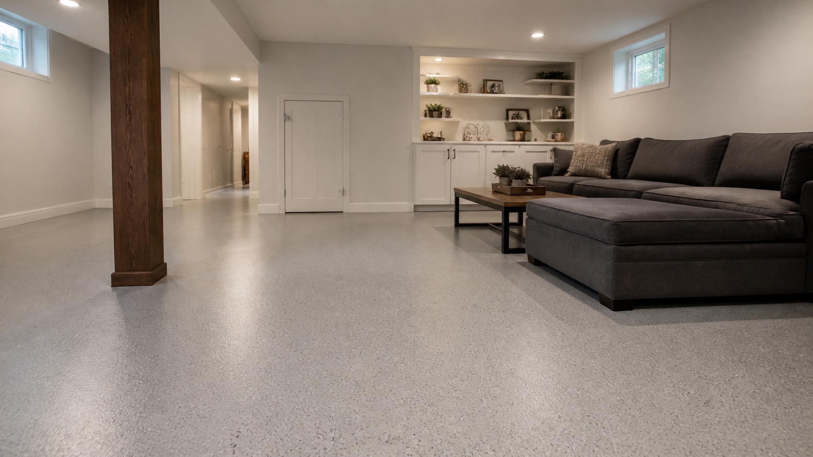 Finished basement with an accurate low-satin seamless resin coating over concrete