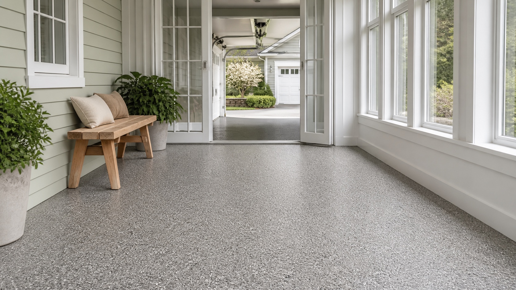 Enclosed New England breezeway with a UV-stable fine decorative-chip concrete coating