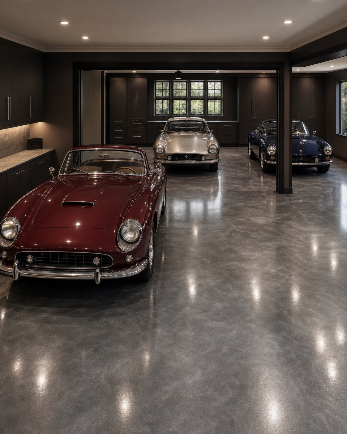 Private collector garage with three distinct collector cars parked over a seamless graphite metallic resin coating