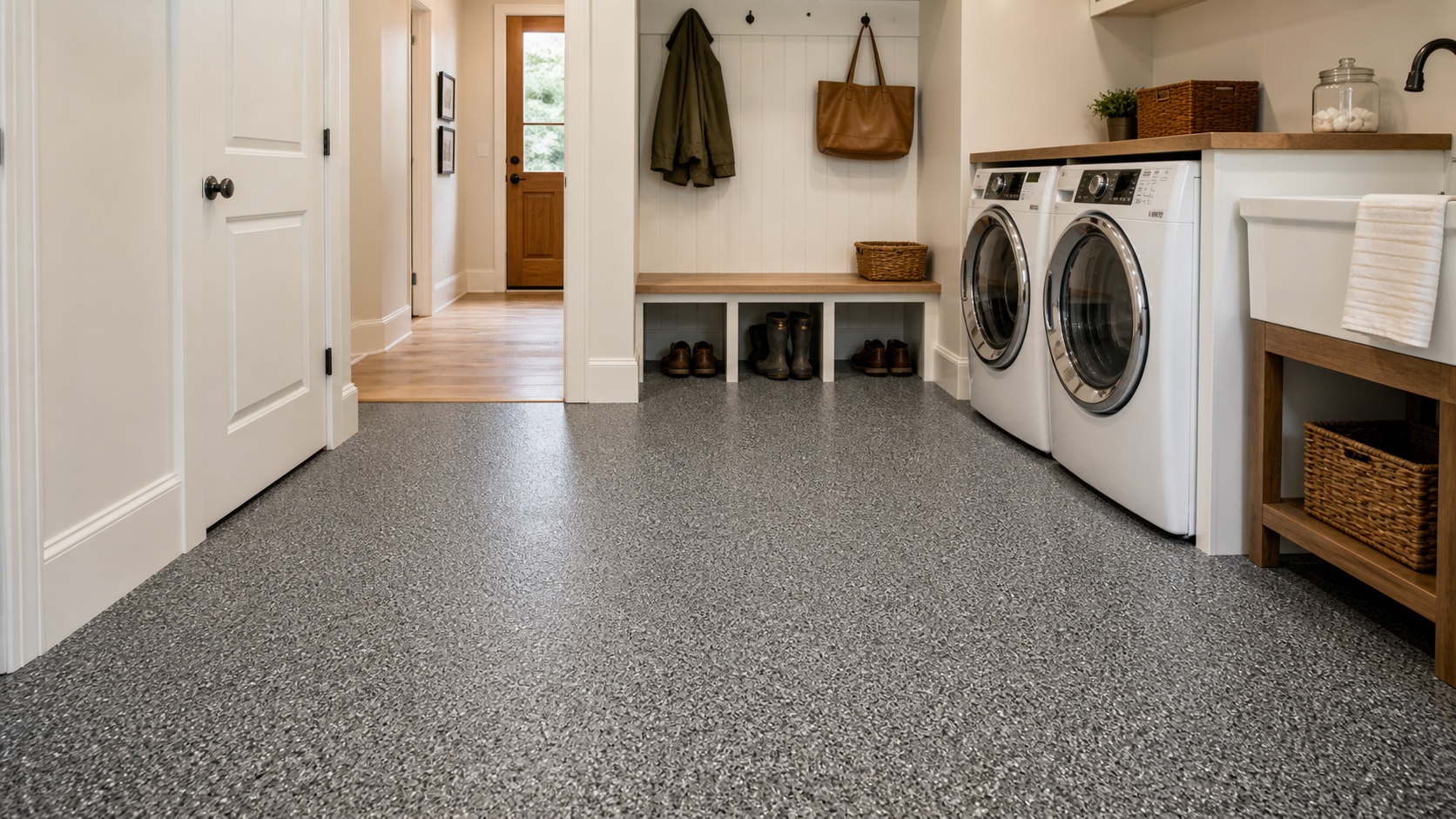 Residential mudroom and laundry with an accurate charcoal decorative-chip coating