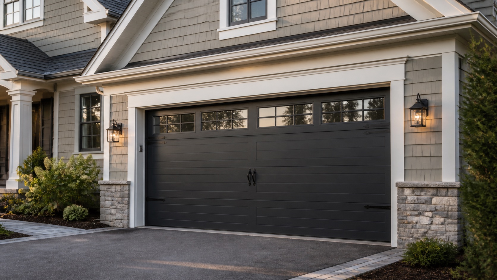 Iron Black refinishing direction on a residential sectional garage door and Massachusetts-style home