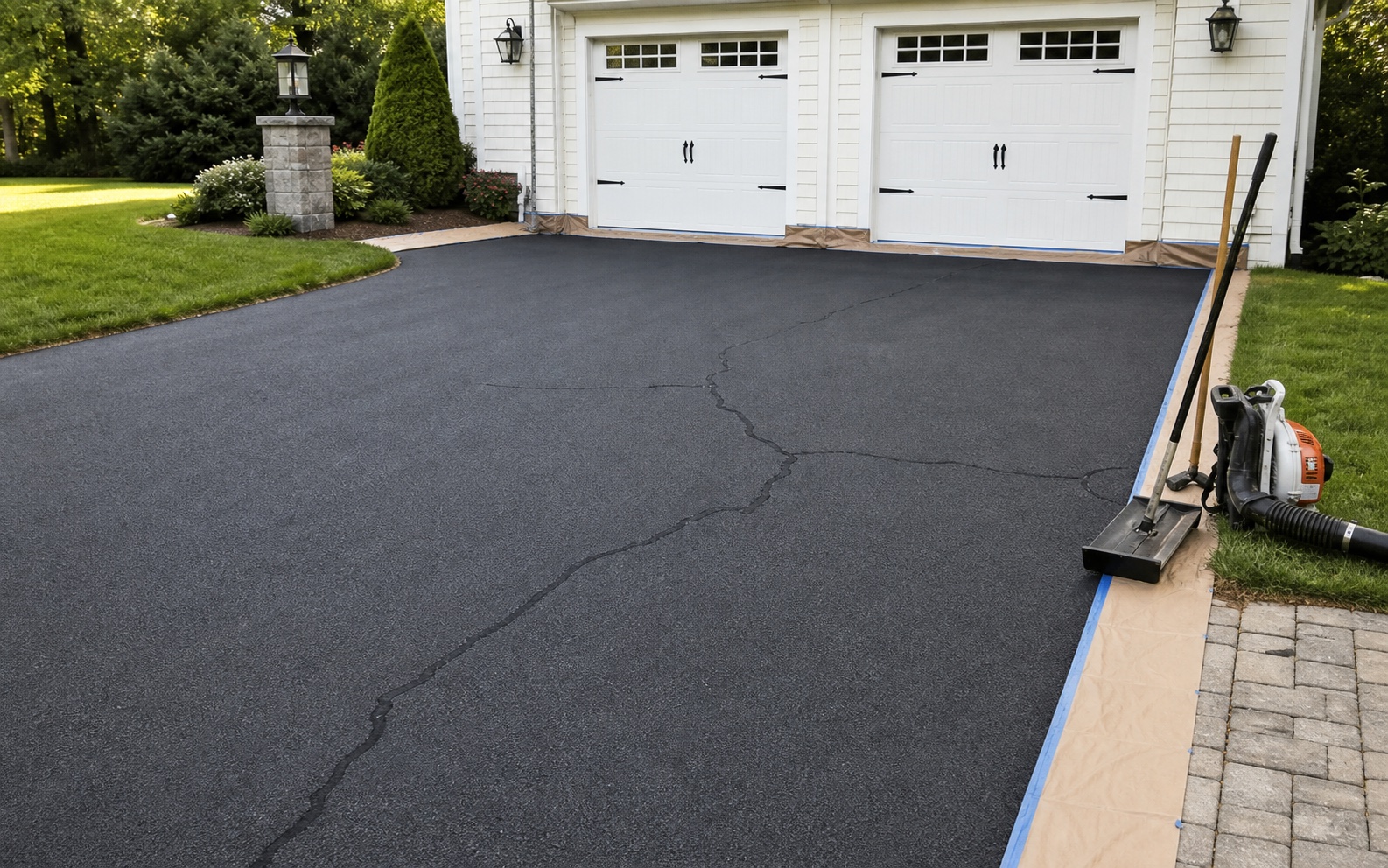 Clean asphalt driveway with eligible cracks treated and surrounding edges protected