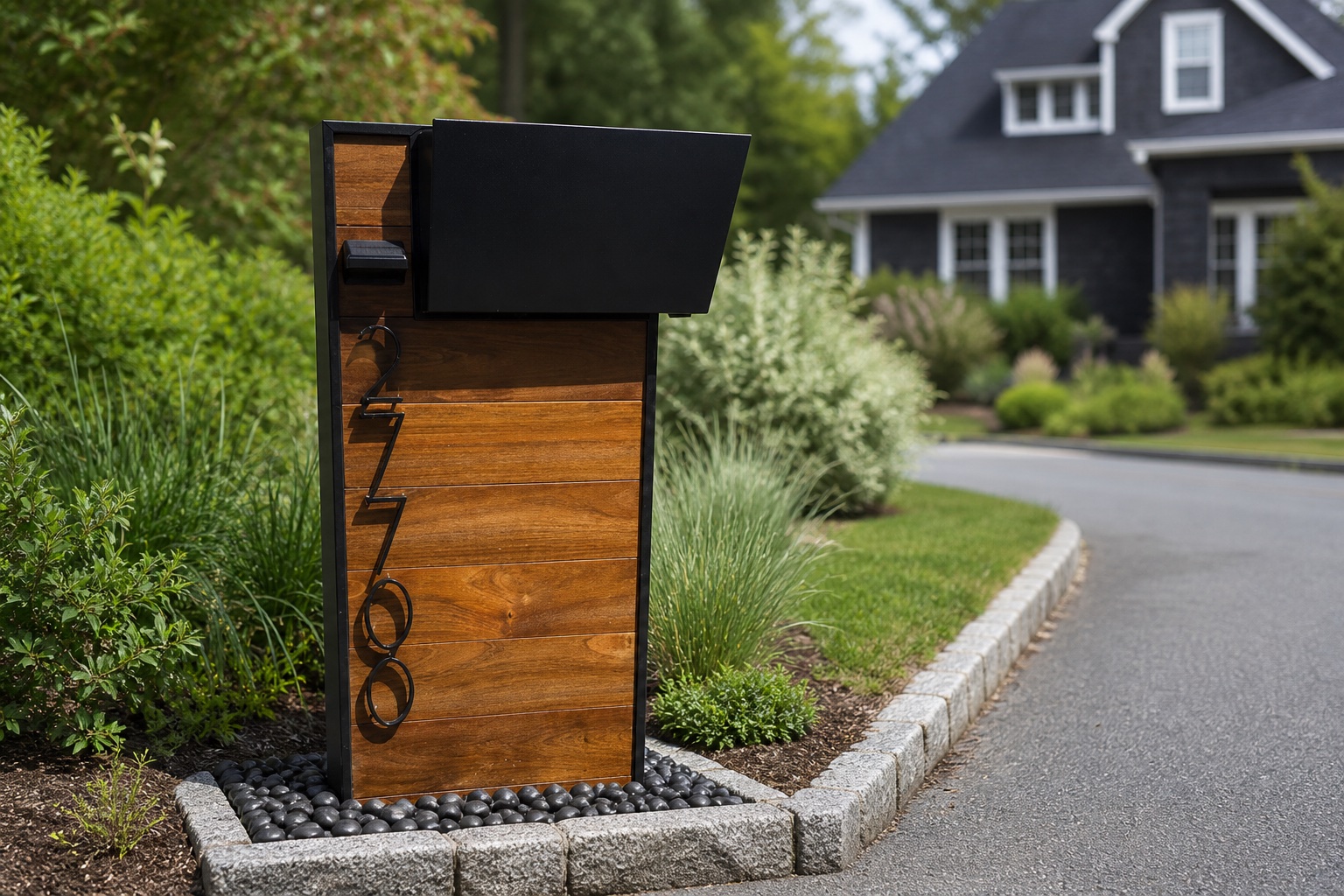 Architectural parcel mailbox installed beside a landscaped Massachusetts driveway and home entry