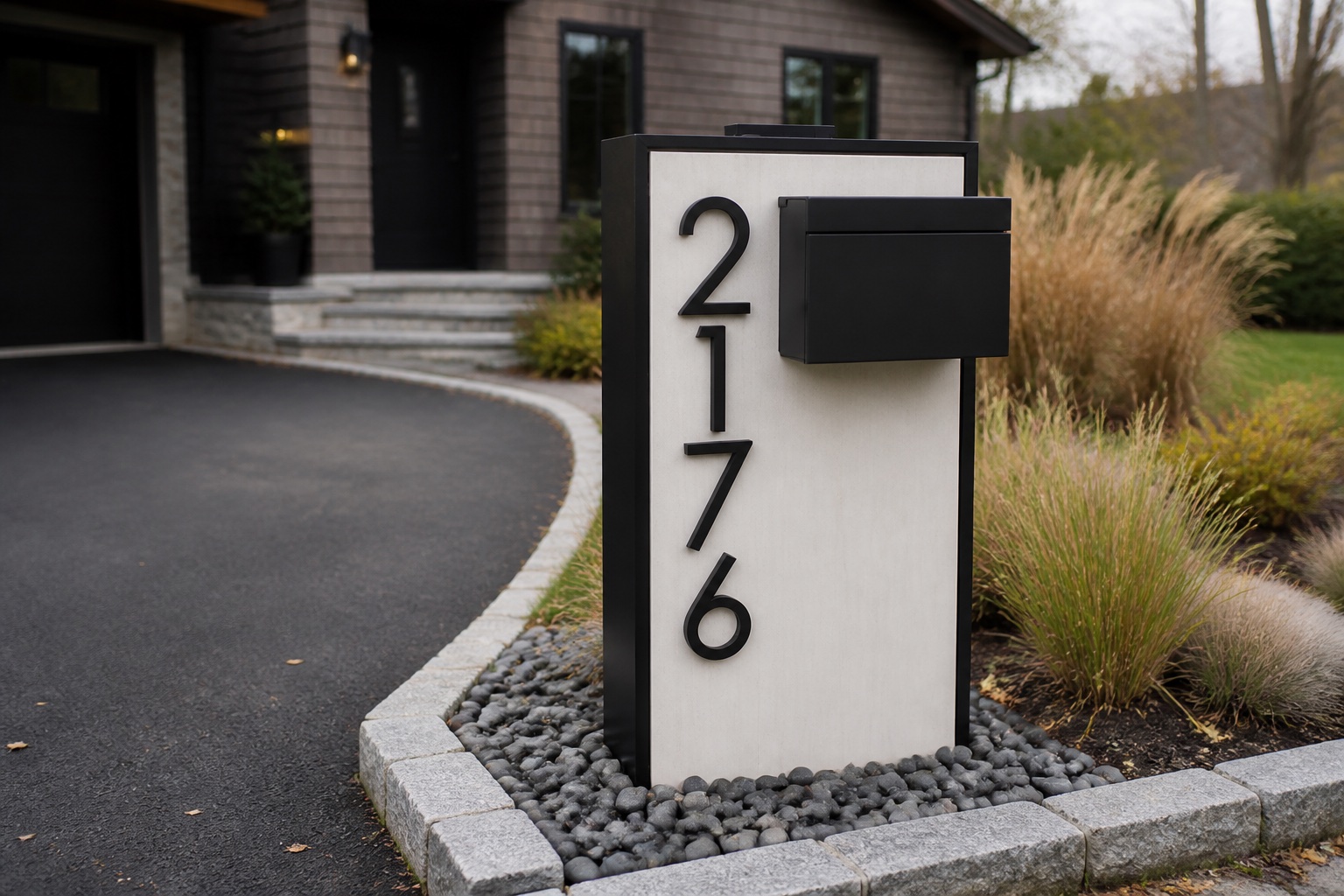 Slate Serenity monolithic mailbox installed at a contemporary Massachusetts home