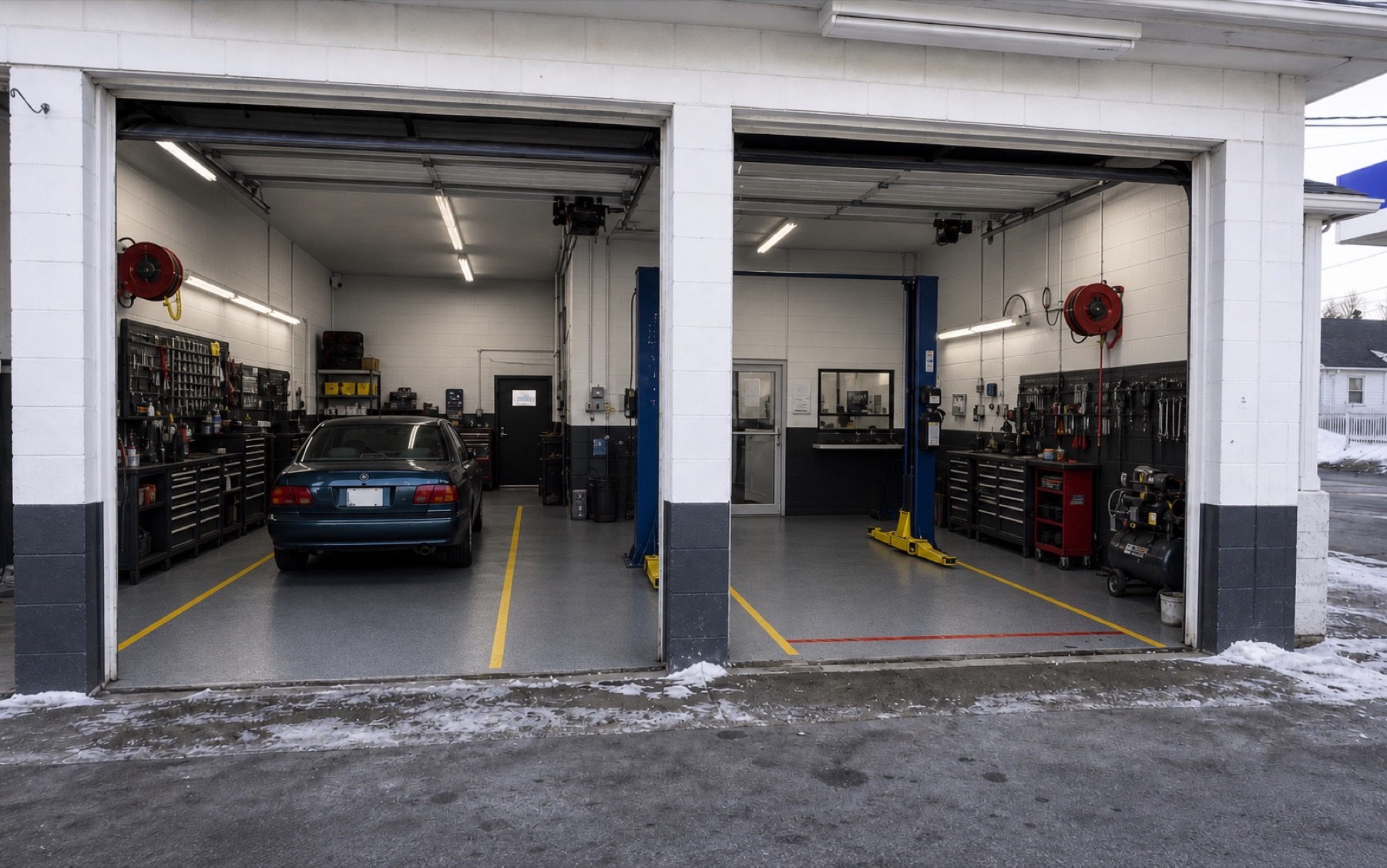 Upgraded Massachusetts gas-station service bays with commercial flooring, lighting, storage, and markings