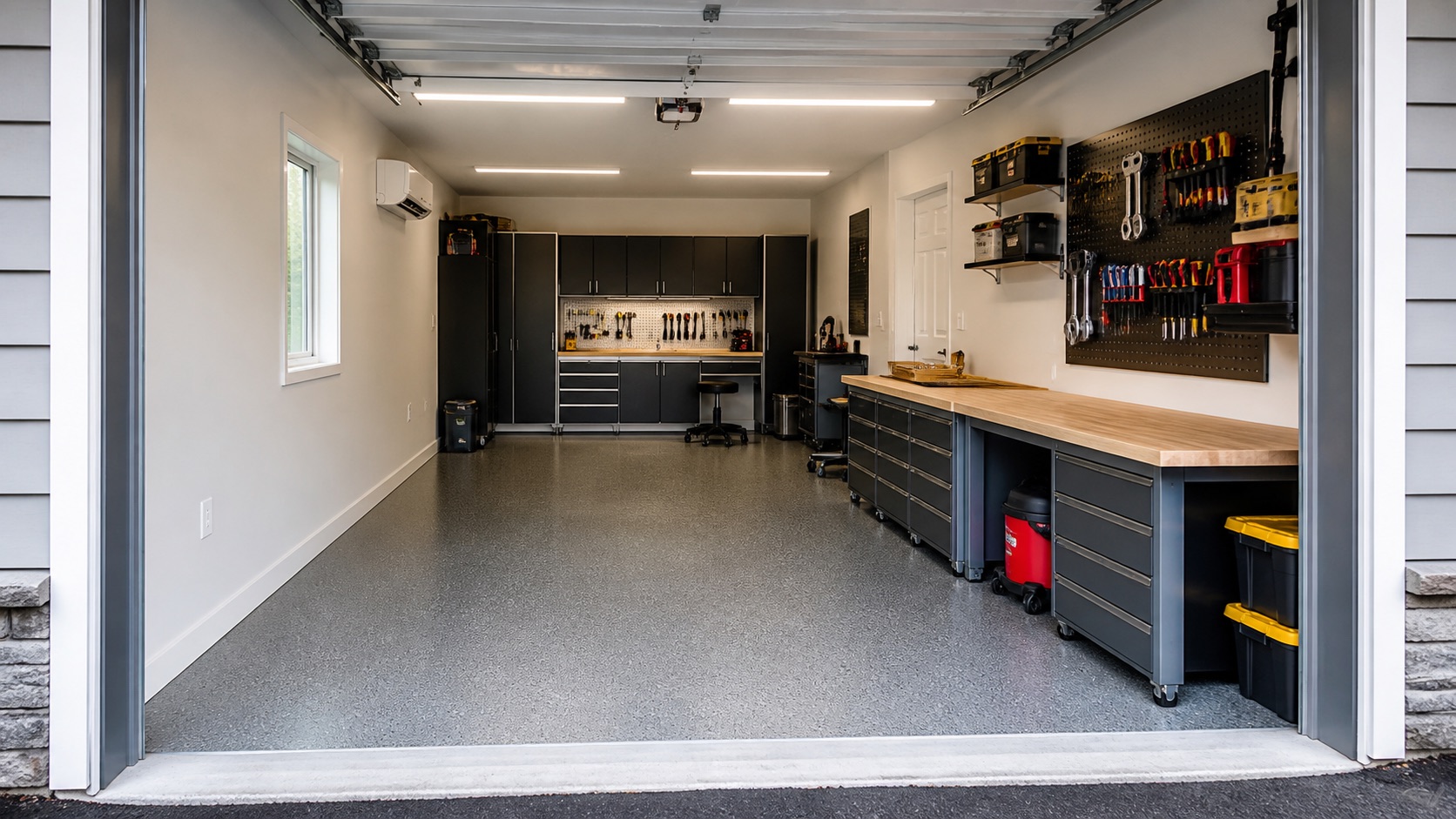 Finished New England one-car workshop garage with smooth walls, bright task lighting, coated floor, cabinets, and climate control